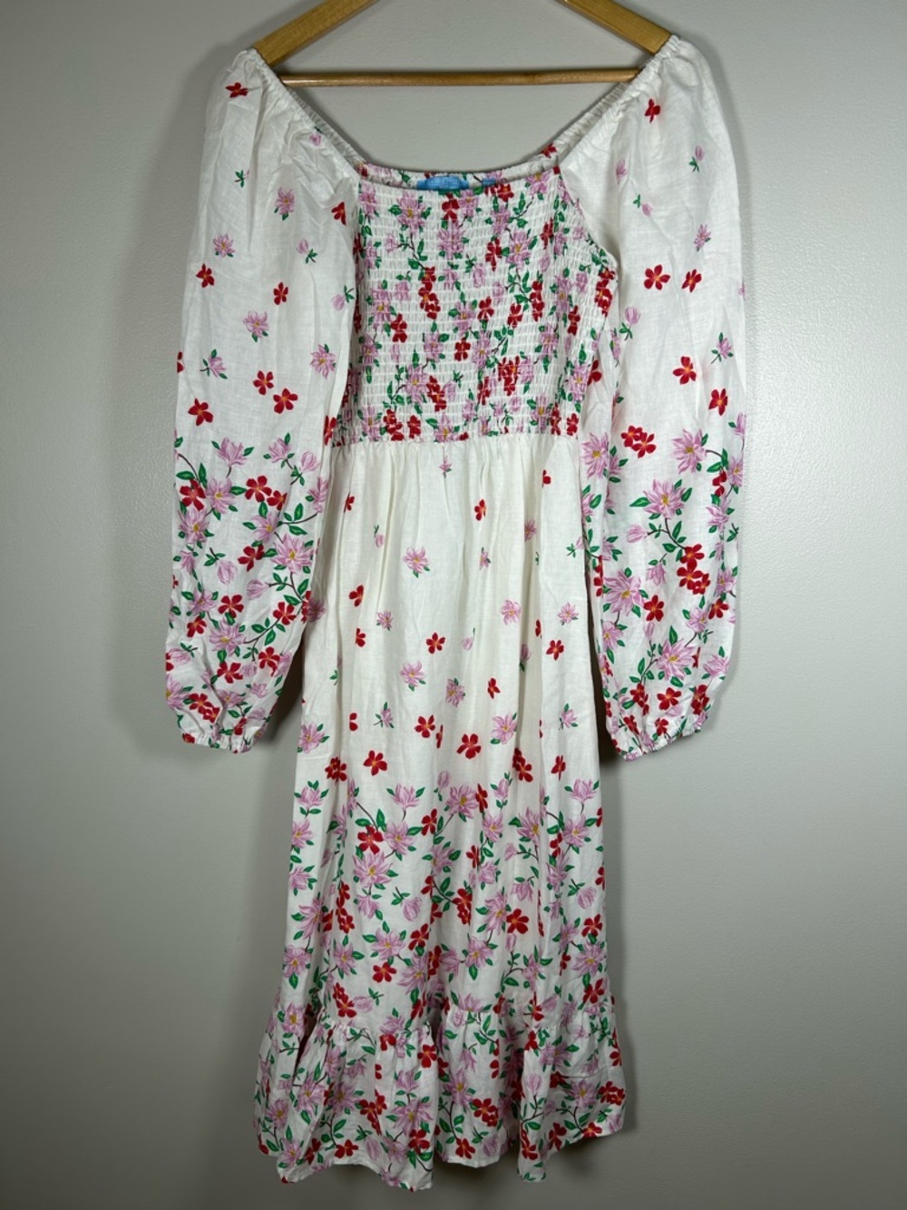 Draper James White Floral Smocked Puffed Sleeves Midi Dress